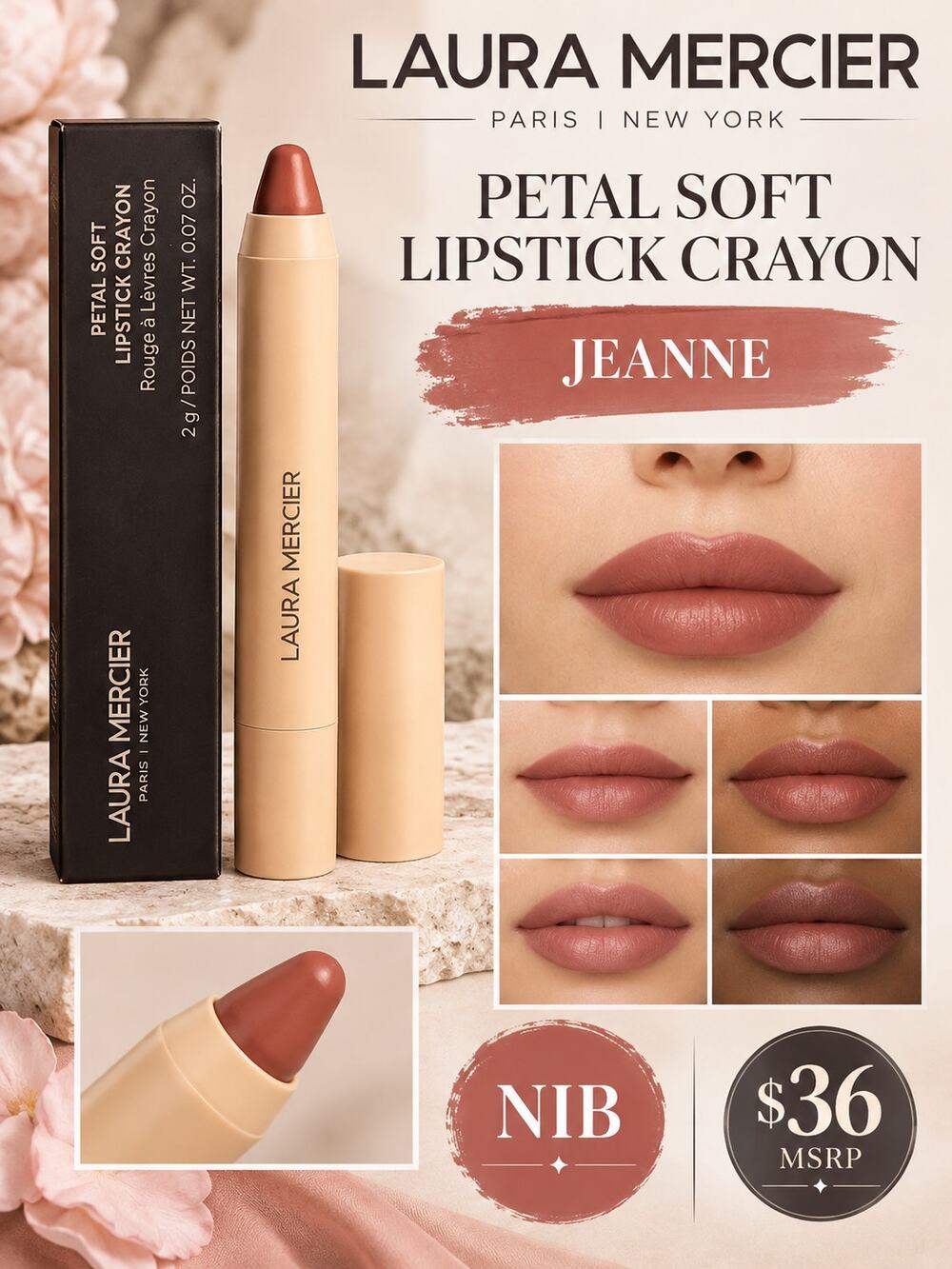 Laura Mercier $36 Petal Soft Lipstick Crayon in Jeanne NIB